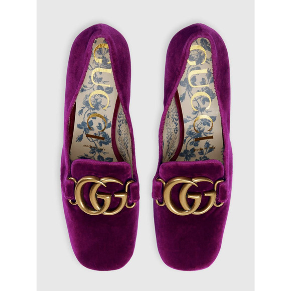 Gucci Victoire Fucsia Velvet Double GG Logo Block Mid Heel Mule Loafer Pump 36.5 - Picture 7 of 13